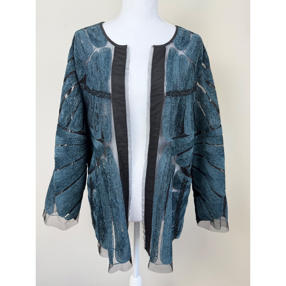 Chico's Women Velvet Burnout Cardigan Jacket 2 Blue Black Beaded Mesh Open Front